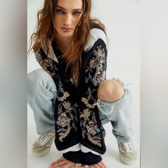 Free‎ People Better Together Black Sequin Top XS Embellished Long Sleeves - Picture 3 of 8